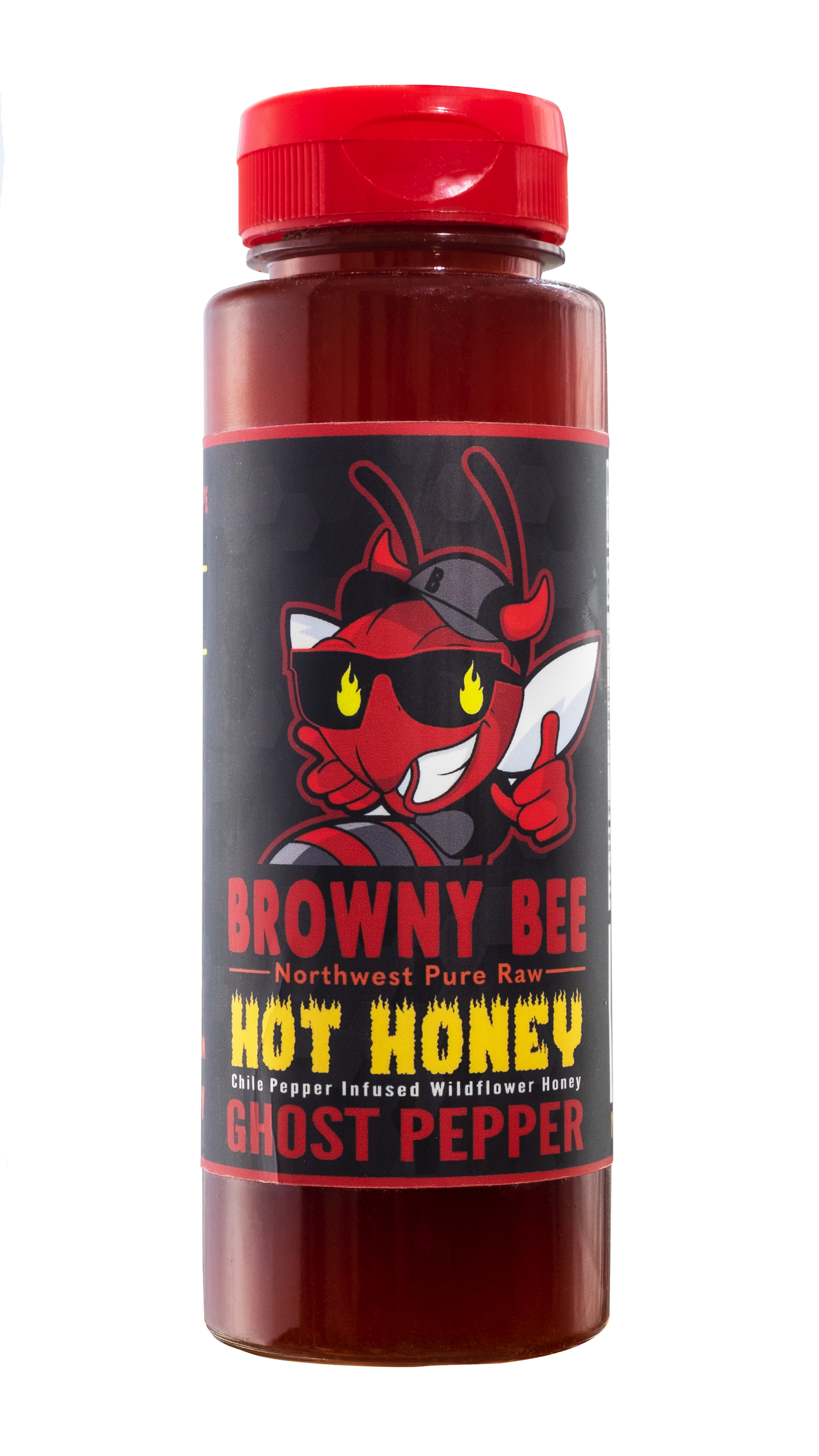 12 oz bottle of Browny Bee Honey branded ghost pepper infused hot honey