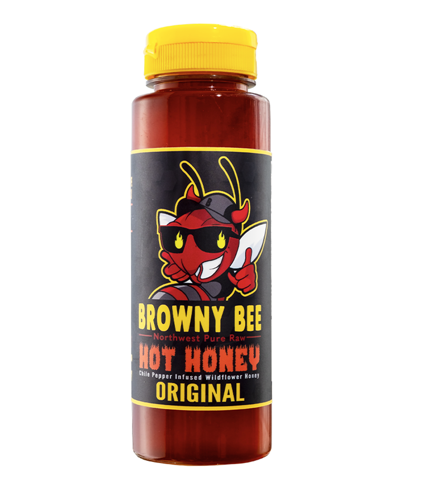 12 oz bottle of Browny Bee Honey branded habanero infused hot honey