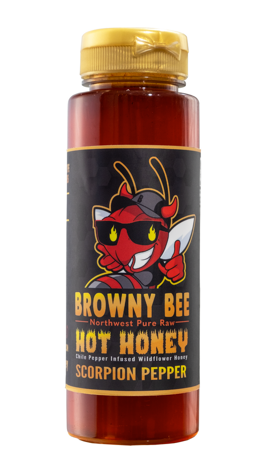 12 oz bottle of Browny Bee Honey scorpion pepper infused hot honey